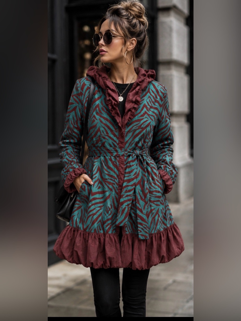 UBU Envy Flocked Animal Print Ruffle Belted Statement Coat